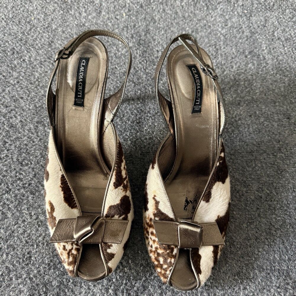Claudia Ciuti Cow Print Calf Hair Slingback Bow Heels Italian Y2K Western 10M